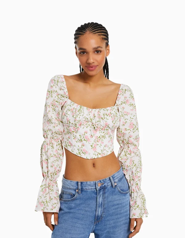 Blusa corsé cropped manga larga-BERSHKA New