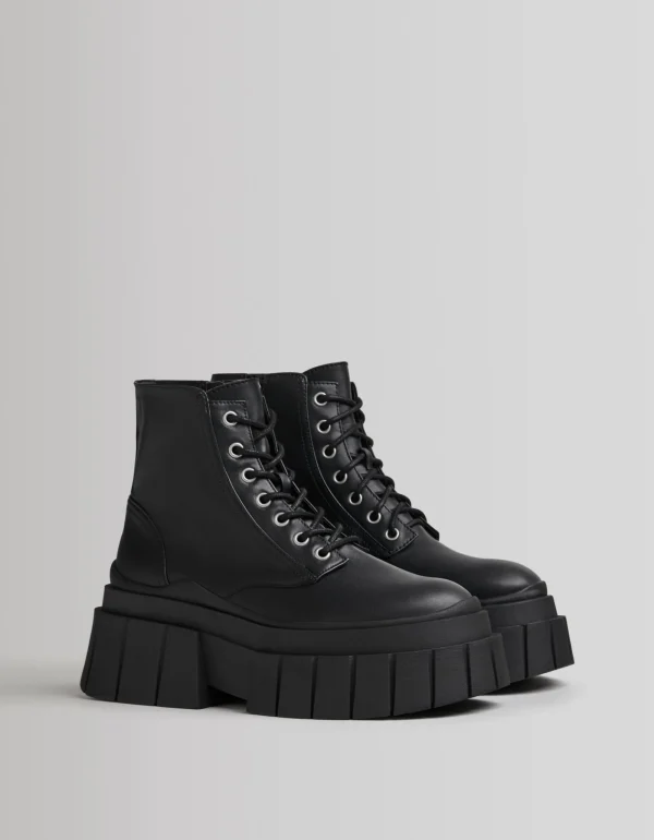 Botines acordonados plataforma rayada-BERSHKA Cheap