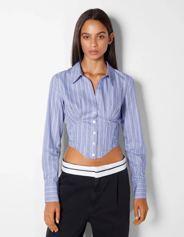 Camisa corsé manga larga ajustada popelín-BERSHKA Online