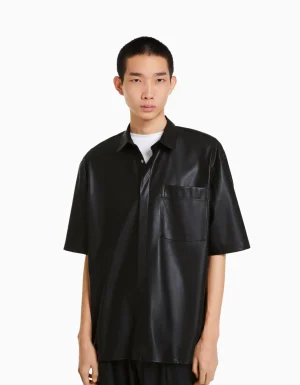 Camisa manga corta efecto piel-BERSHKA Cheap