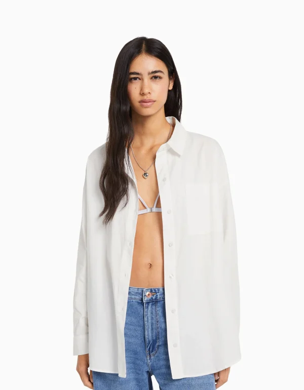 Camisa manga larga oversize popelín-BERSHKA Store