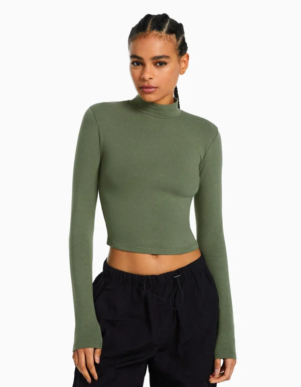 Camiseta cuello alto manga larga-BERSHKA Outlet