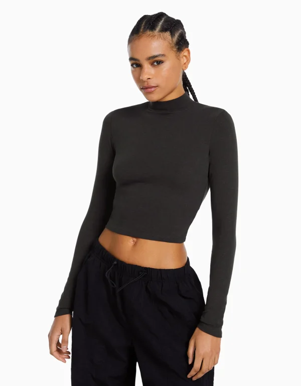 Camiseta cuello alto manga larga-BERSHKA Outlet