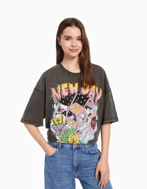 Camiseta manga corta efecto lavado print-BERSHKA Outlet