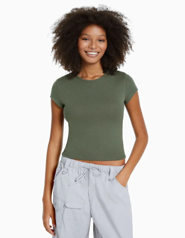 Camiseta manga corta rib-BERSHKA Cheap