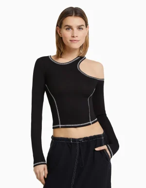 Camiseta manga larga ajustada hilo contraste-BERSHKA Cheap