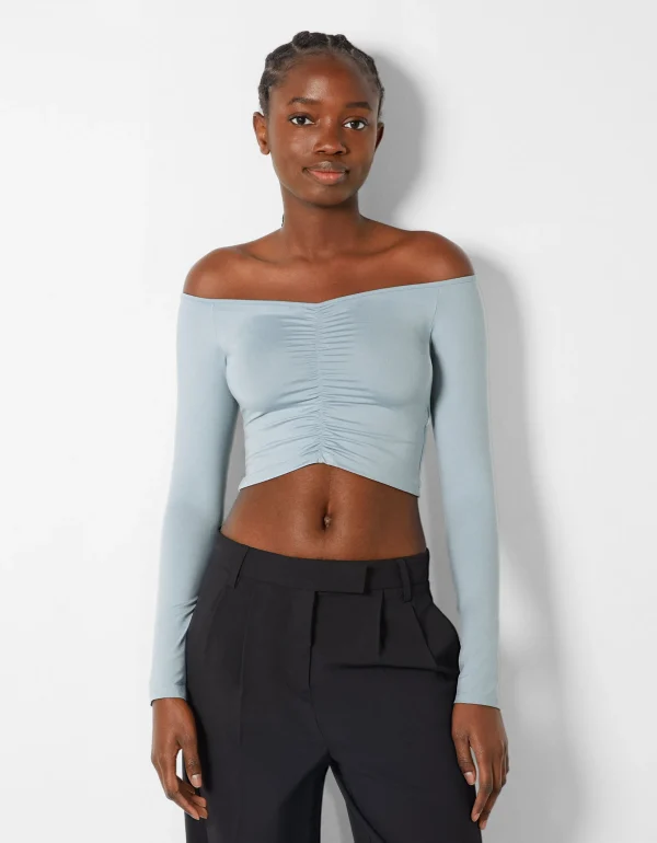 Camiseta manga larga cropped escote bardot frunces-BERSHKA Cheap