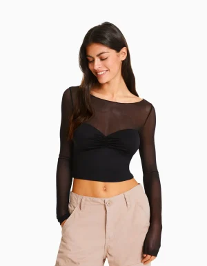 Camiseta manga larga cropped tejido contraste-BERSHKA Sale