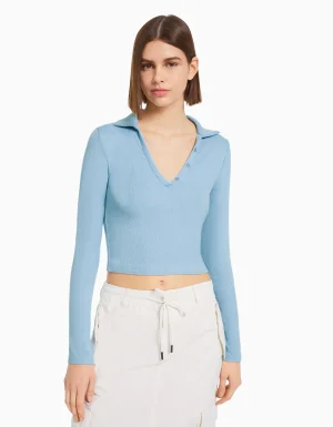 Camiseta manga larga cuello polo botones-BERSHKA Store