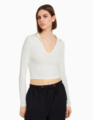 Camiseta manga larga cuello polo botones-BERSHKA Best