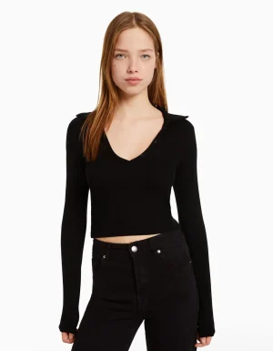 Camiseta manga larga cuello polo botones-BERSHKA Cheap