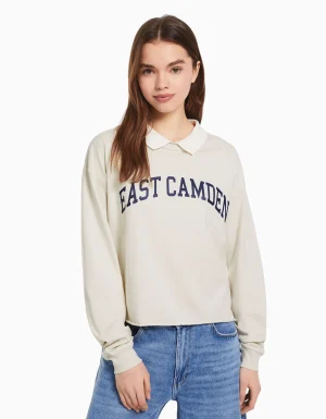 Camiseta manga larga cuello polo print-BERSHKA Outlet