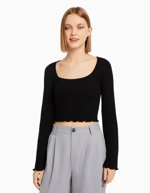 Camiseta manga larga cuello redondo-BERSHKA Outlet