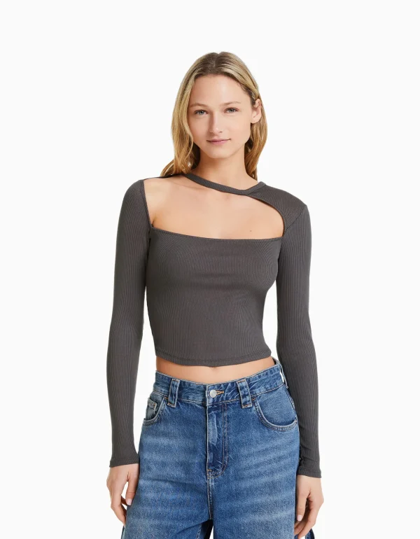 Camiseta manga larga escote asimétrico-BERSHKA New