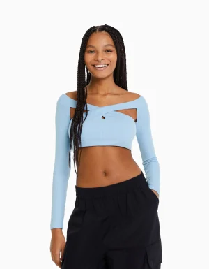 Camiseta manga larga escote cruzado-BERSHKA New