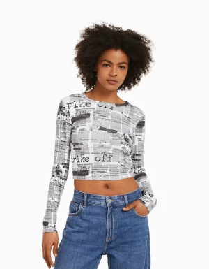 Camiseta manga larga print-BERSHKA Cheap