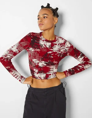 Camiseta manga larga print-BERSHKA Outlet