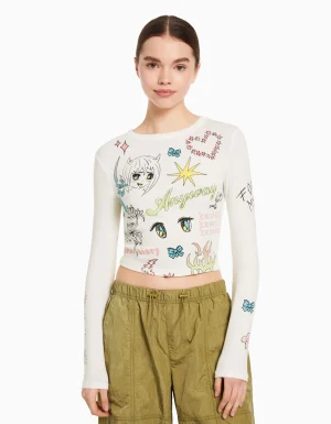 Camiseta manga larga print mariposa-BERSHKA Fashion