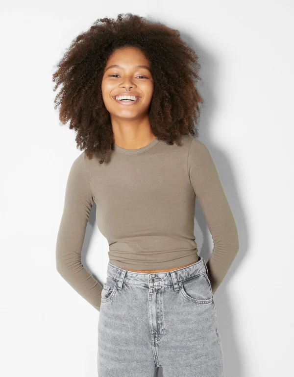 Camiseta manga larga rib-BERSHKA Cheap