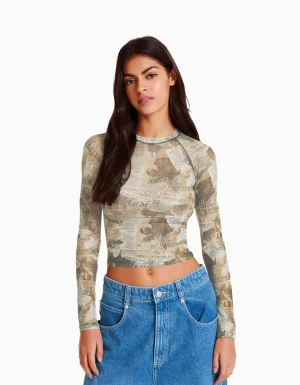 Camiseta manga larga tul ranglan-BERSHKA Shop