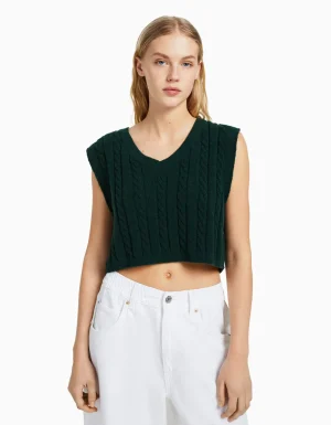 Chaleco punto cuello pico-BERSHKA Shop