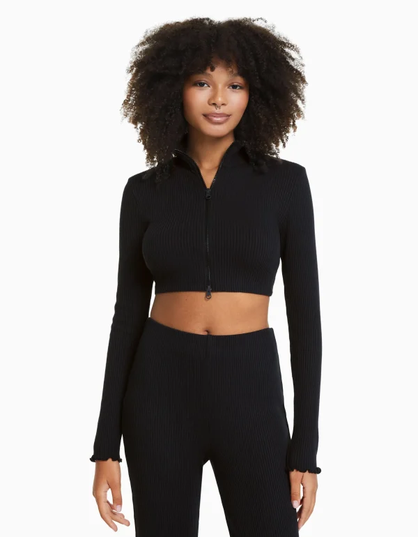 Cárdigan cropped cuello perkins cremallera-BERSHKA Clearance