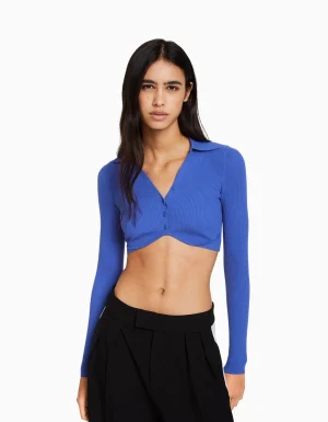 Cárdigan cuello polo cropped botones-BERSHKA Shop