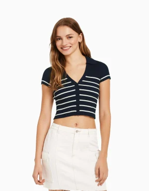 Cárdigan manga corta cuello polo-BERSHKA Store