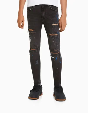 Jeans skinny rotos pintura-BERSHKA Clearance