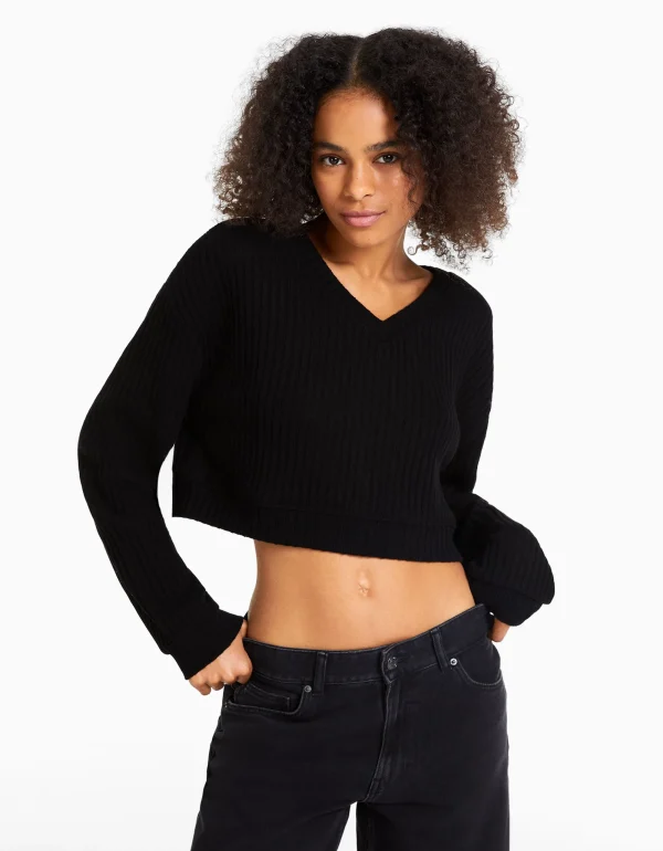 Jersey cuello pico-BERSHKA Cheap