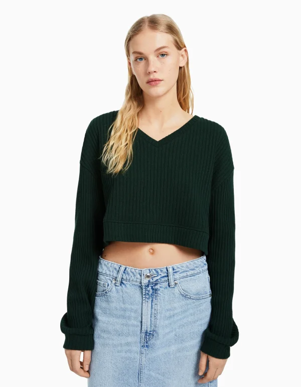 Jersey cuello pico-BERSHKA Cheap