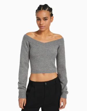 Jersey cuello pico cropped-BERSHKA Cheap
