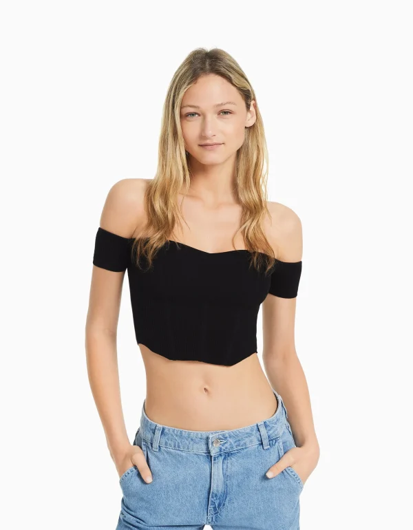 Jersey manga corta corsé bardot-BERSHKA Flash Sale