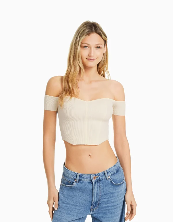 Jersey manga corta corsé bardot-BERSHKA Online