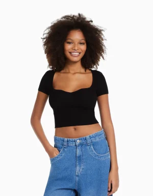 Jersey manga corta escote corazón punto-BERSHKA Sale