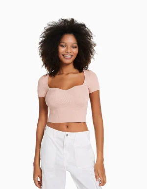 Jersey manga corta escote corazón punto-BERSHKA Online
