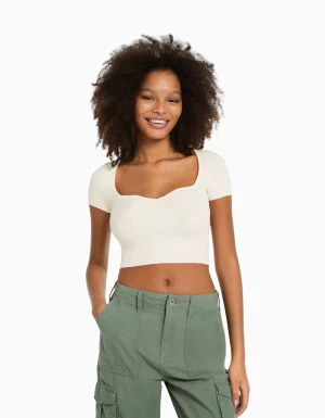 Jersey manga corta escote corazón punto-BERSHKA New