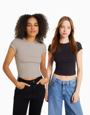 Pack 2 camisetas manga corta rib-BERSHKA Outlet