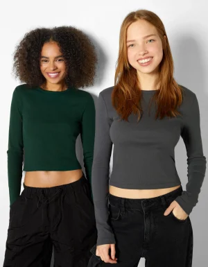 Pack 2 camisetas manga larga rib-BERSHKA Discount