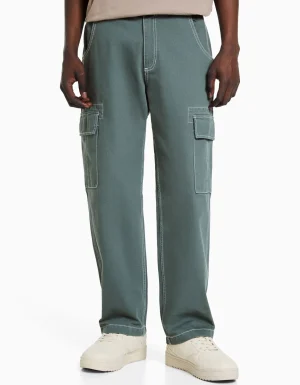 Pantalón wide cargo hilo contraste-BERSHKA Sale
