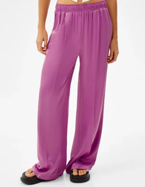 Pantalón wide leg satinado goma cintura-BERSHKA Best Sale