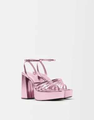 Sandalia tacón metalizada plataforma XL-BERSHKA Cheap