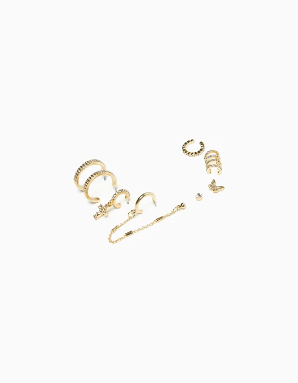 Set 8 pendientes aros ear cuff pedrería cruz-BERSHKA Cheap