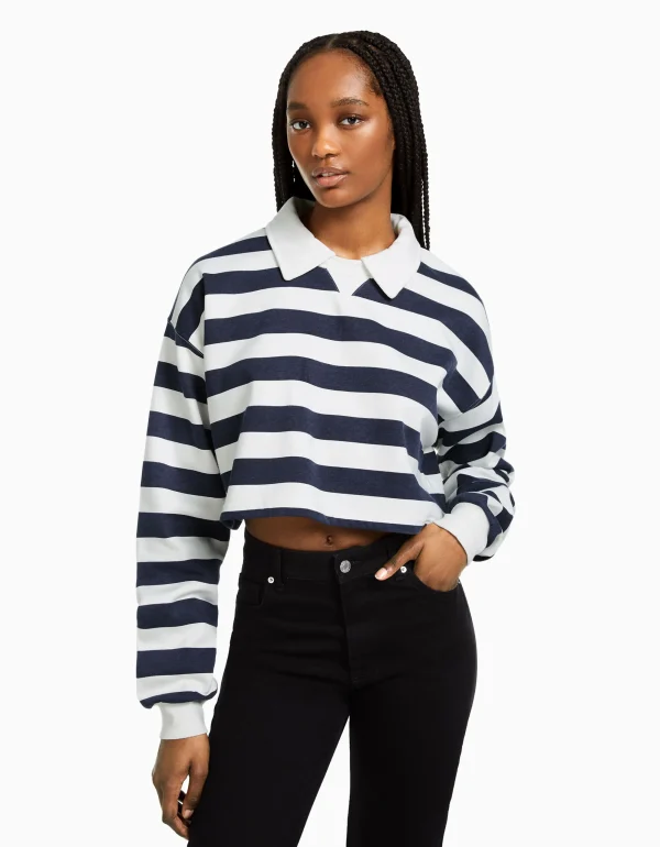 Sudadera cuello polo print-BERSHKA Store