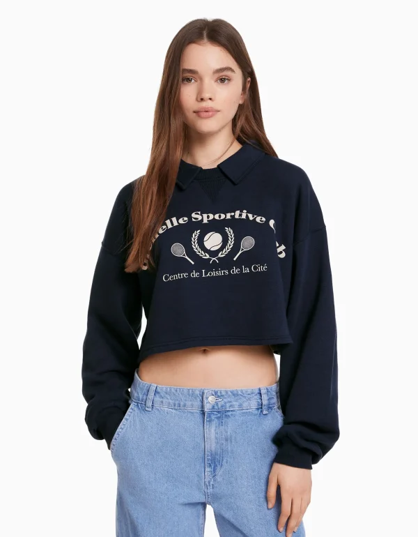 Sudadera cuello polo print-BERSHKA Store