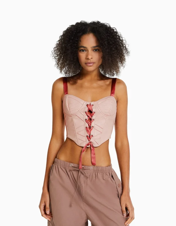 Top corsé efecto piel tirantes y lace up satinados-BERSHKA Cheap